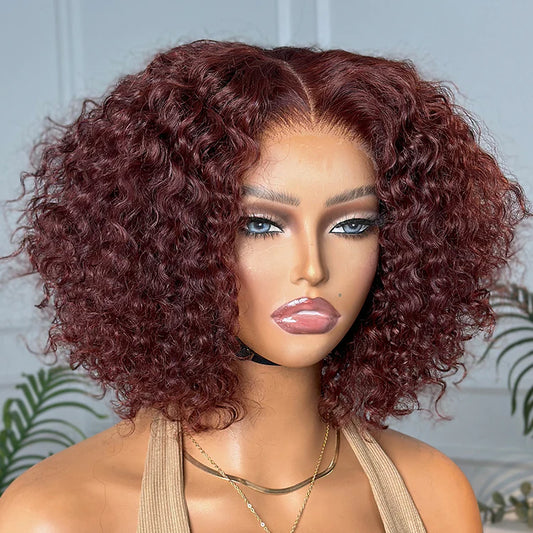 Dark Reddish Brown Water Wave Glueless 5x5 Closure Lace Short Curly Wig