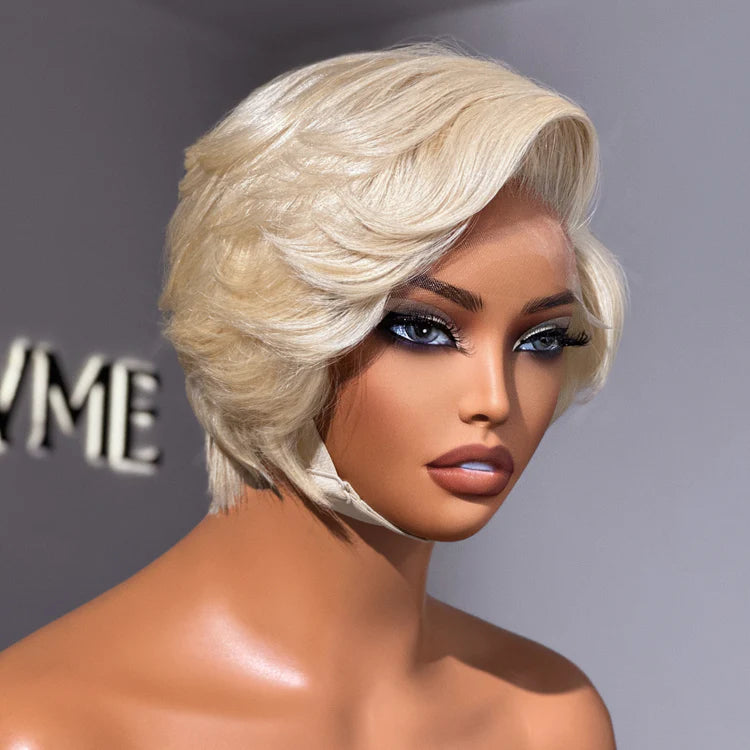 613 Blonde Pixie Cut Glueless Minimalist HD Lace C Part Short Wig 100% Human Hair